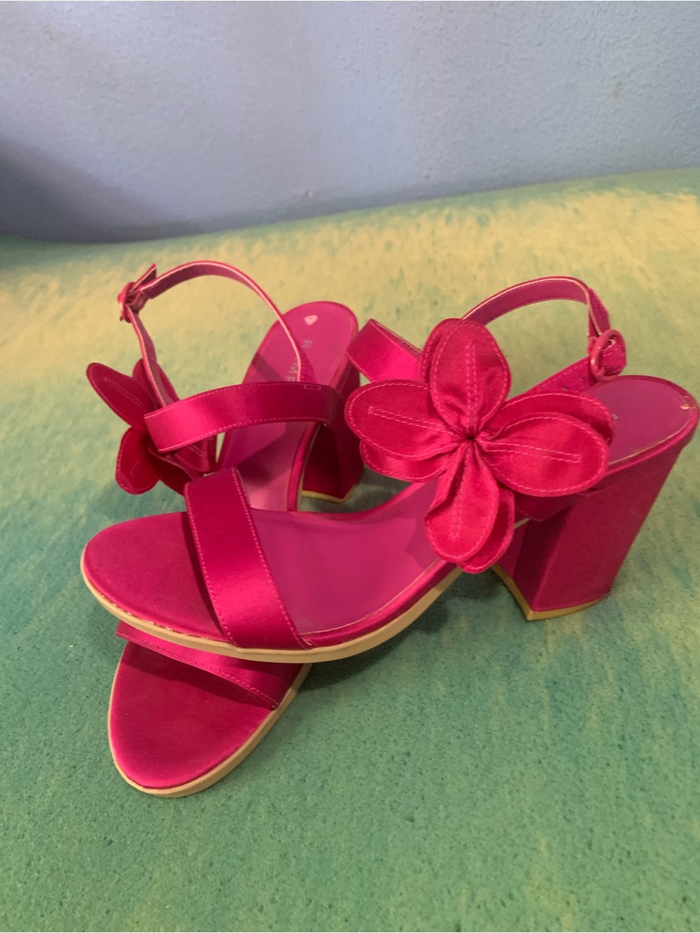 Rampage Hot Pink Floral Block Heels Satin 3D Flower